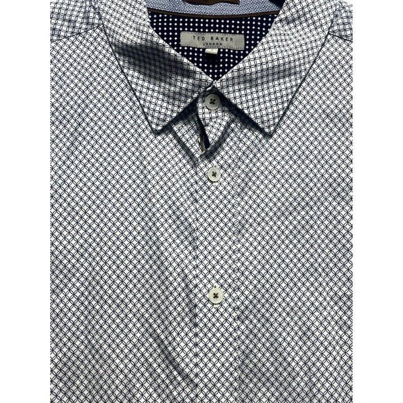 Ted Baker London Shirt Men 7 Black White Geometric Print Cotton Button Up Casual - Picture 2 of 11